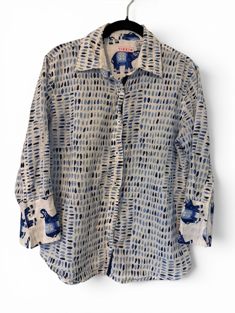 Tizzie Blue White Elephant Print Cotton Button Front Shirt Size Medium